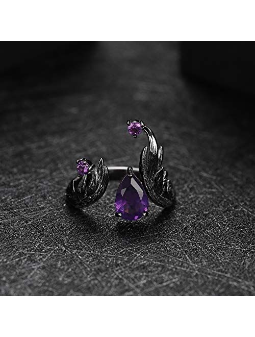 QITIAN Birthstone Rings for Girls Women 1.43Ct Amethyst Original Rings Angel's Wing Ring for Women Birthday Jewelry Gifts Adjustable open Rings for Girlfriend Wife(925 St