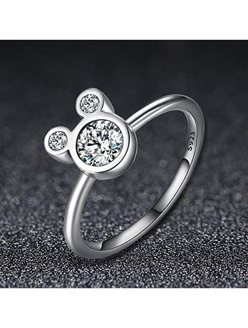 WOSTU Sterling Silver Rings 925 Sterling Silver Dazzling Micky Mouse Rings Cubic Zirconia Rings for Women Girls