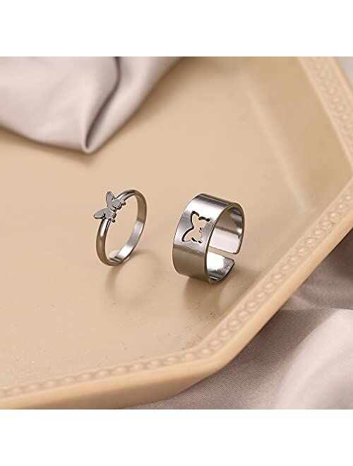 Butterfly Ring For Women Men, Couples Matching Best Friend Trendy Promise Rings Set For Teen Girls Her Gold Plated Adjustable Finger Thumb Jewelry 2pcs