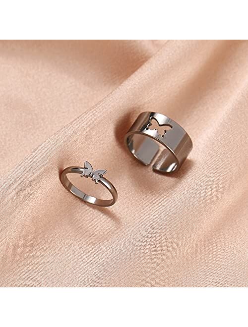 Butterfly Ring For Women Men, Couples Matching Best Friend Trendy Promise Rings Set For Teen Girls Her Gold Plated Adjustable Finger Thumb Jewelry 2pcs