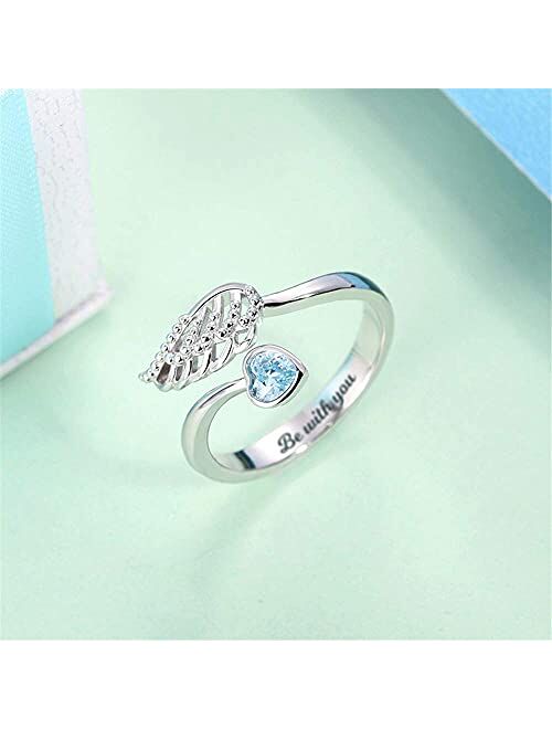 AILIN Custom Birthstone Adjustable Angel Wing Rings 925 Sterling Silver Forever Always Personalized Engraved Rings Women Jewelry Engagement Wedding Birthday Gifts for Her