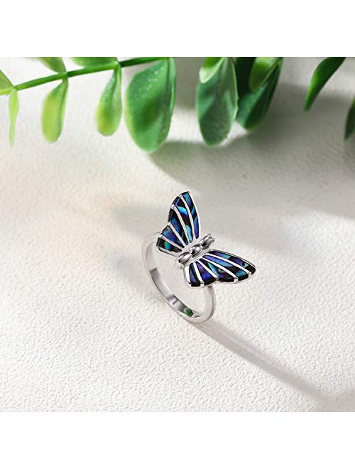Opal Gem Vivid Butterfly Rings Silver Plated, Abalone or Created Opal Butterfly ring for Women Girls