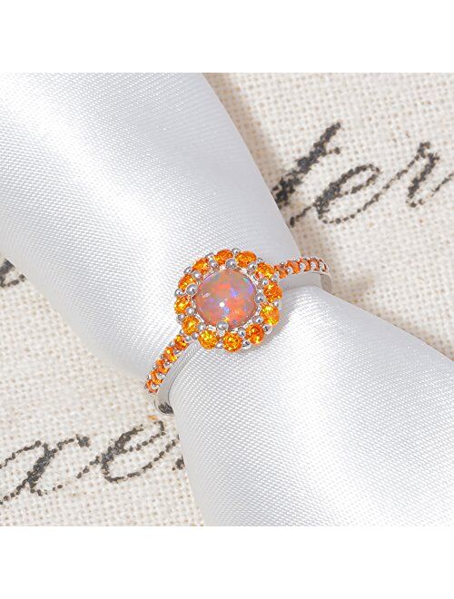 CiNily Cute Opal Rings for Women Girls,Round Cut Orange Opal/Moon Star Rings Silver or 14K Gold Plated Adjustable Ring