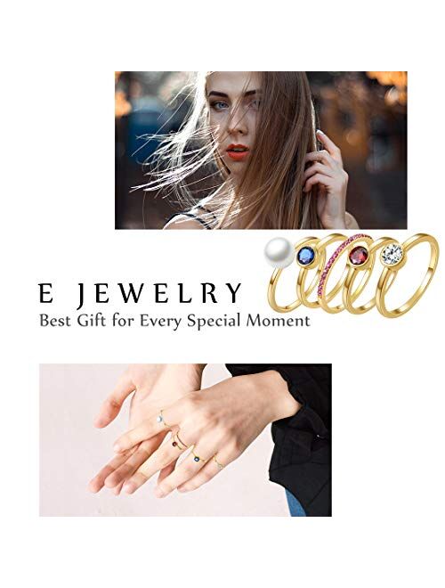 E 18K Gold Plated Shell Pearl Rings for Women, 5 PCS Womens Stackable Birthstone Ring Set, CZ Gemstones Cubic Zircon Rings