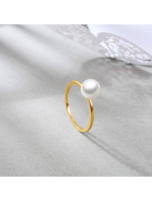 E 18K Gold Plated Shell Pearl Rings for Women, 5 PCS Womens Stackable Birthstone Ring Set, CZ Gemstones Cubic Zircon Rings