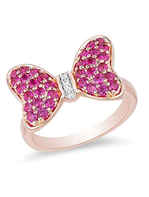 Silvercartvila 1.75mm Garnet & Clear D/VVS1 Diamond Accent Mickey Mouse Bow Ring For Her Gift In 10K Rose Gold Plated