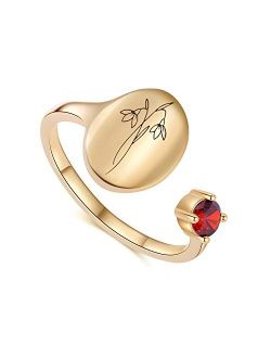 sloong Handmade Birth Month Flower Signet Ring 14K Gold Plated Ring Birth Stone Ring Birthday Valentine's Gift for Mom Daughter Girlfriend Wife