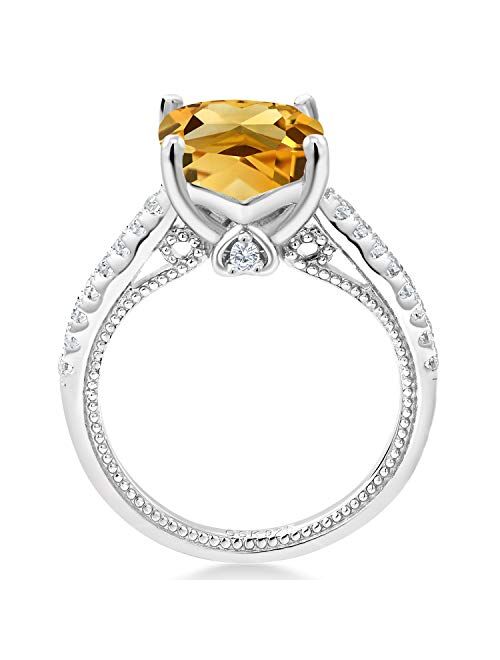 Gem Stone King 925 Sterling Silver Yellow Citrine and White Created Sapphire Ring (3.87 Ct Cushion, Gemstone Birthstone, Available in size 5, 6, 7, 8, 9)