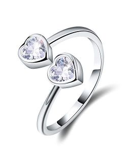 Esberry, Sweet 16 Gifts for Girls, 925 Sterling Silver Birthstone Rings Heart Shape Cubic Zirconia Rings Double Gemstone Adjustable Rings Birthday Gifts for Girls Gifts f