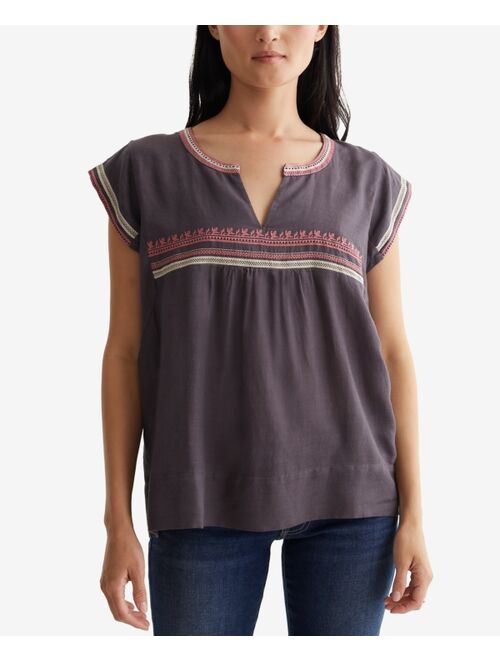 Lucky Brand Embroidered Split-Neck Top