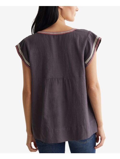 Lucky Brand Embroidered Split-Neck Top