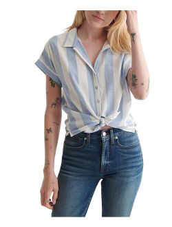White & Blue Stripe Tie-Front Short-Sleeve Button-Up - Women