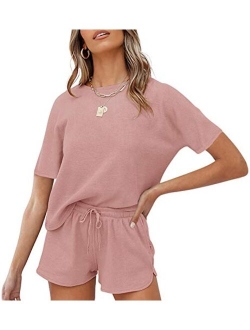 Women's Short Sleeve Waffle Pajama Sets Lounge Top and Shorts 2 Piece Tracksuit Outfits
