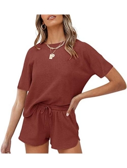 Women's Short Sleeve Waffle Pajama Sets Lounge Top and Shorts 2 Piece Tracksuit Outfits