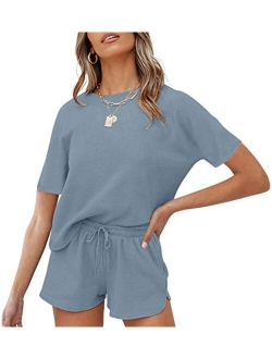 Women's Short Sleeve Waffle Pajama Sets Lounge Top and Shorts 2 Piece Tracksuit Outfits