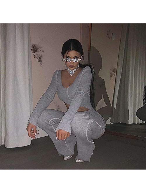 Women Fall Winter Rib Knit Pullover Sweater Top Long Flare Pants Set 2 Piece Outfits Sweatsuits Tracksuit