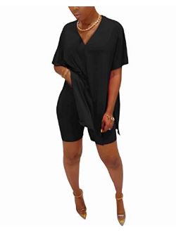 ThusFar Women's Casual Oversized Two Piece Outfits Batwing Sleeve Split Caftan Poncho Tops Shorts Set Tracksuit Jumpsuit