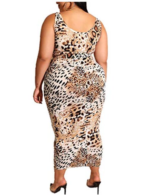 Rela Bota Women's 2 Piece Midi Dress -Leopard Tank Crop Top + Midi Bodycon Skirt Set