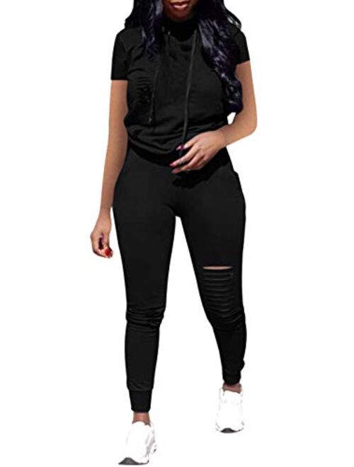 Women Casual 2 Piece Sport Outfits Short Sleeve Ripped Hole Pullover Hoodie Sweatpants Set Jumpsuits