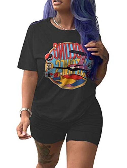 SCORP Women Casual Cotton 2 Piece Outfit Set Cartoon Print T-Shirts Bodycon Shorts Set Jumpsuit Rompers S-XXL