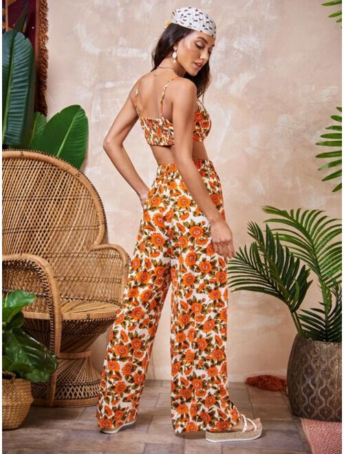 SHEIN Twist Front Shirred Back Cami Top & Floral Pants Set