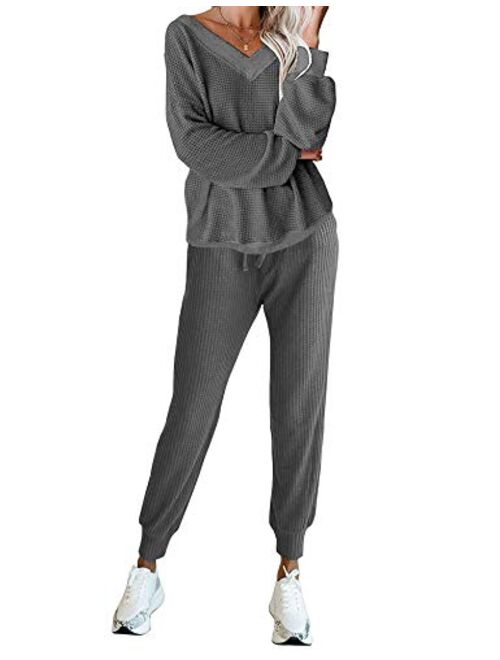 LYHNMW Women's Pajama Set 2 Piece Outfit Waffle Knit V-Neck Sweatsuits Jogger Pants Tracksuits Lounge Set