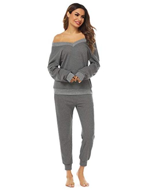 LYHNMW Women's Pajama Set 2 Piece Outfit Waffle Knit V-Neck Sweatsuits Jogger Pants Tracksuits Lounge Set