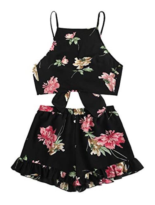 SweatyRocks Women's 2 Piece Floral Print Ruffle Lace Up Front Crop Cami Top and Shorts Set