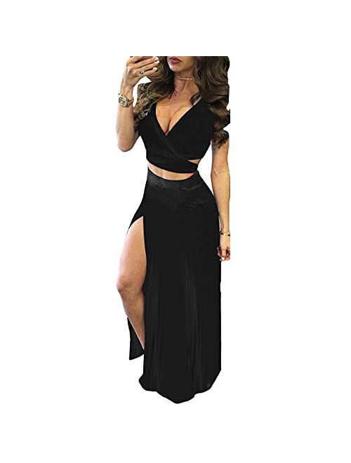 Rela Bota Women's Sexy Vintage 2 Piece Outfit Ruffle Off Shoulder Crop Top Maxi Skirt Slit Party Dress