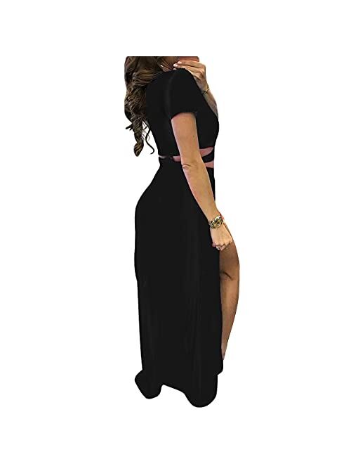 Rela Bota Women's Sexy Vintage 2 Piece Outfit Ruffle Off Shoulder Crop Top Maxi Skirt Slit Party Dress