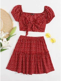 Confetti Heart Print Tie Front Top and Skirt Set