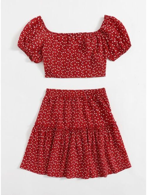 SHEIN Confetti Heart Print Tie Front Top and Skirt Set