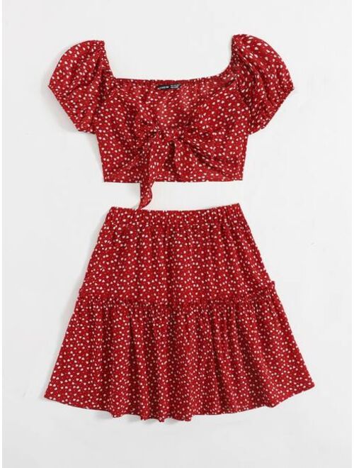 SHEIN Confetti Heart Print Tie Front Top and Skirt Set