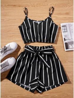 Striped Cropped Cami Top & Belted Paperbag Shorts Set