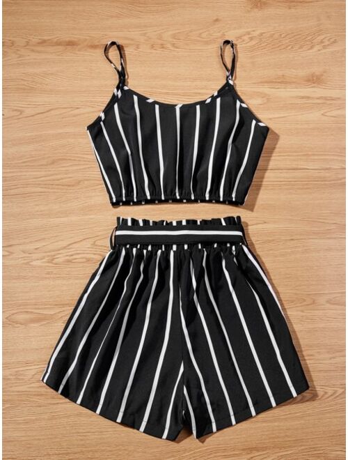 Shein Striped Cropped Cami Top & Belted Paperbag Shorts Set