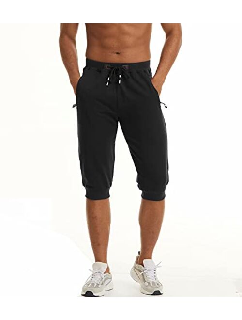 MAGCOMSEN Men's 3/4 Jogger Capri Pants with Zipper Pockets Knee Length Running Training Workout Shorts