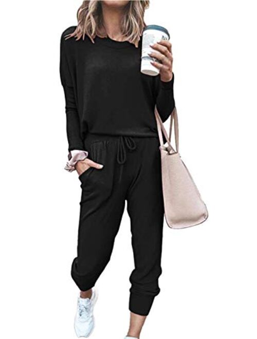 PRETTYGARDEN Women’s Solid Color Two Piece Outfit Long Sleeve Crewneck Pullover Tops And Long Pants Sweatsuits Tracksuits