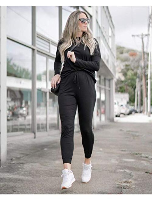 PRETTYGARDEN Women’s Solid Color Two Piece Outfit Long Sleeve Crewneck Pullover Tops And Long Pants Sweatsuits Tracksuits