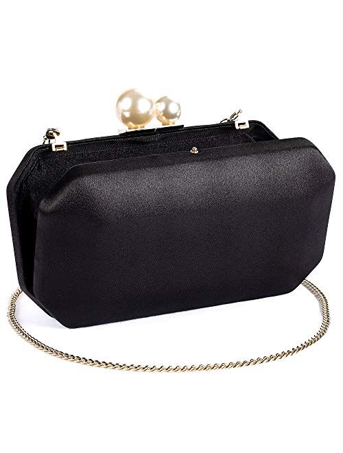 Women Satin Clutch Purse Handbags/Crossbody Hardcase Evening Bag with Pearls Closure for Party