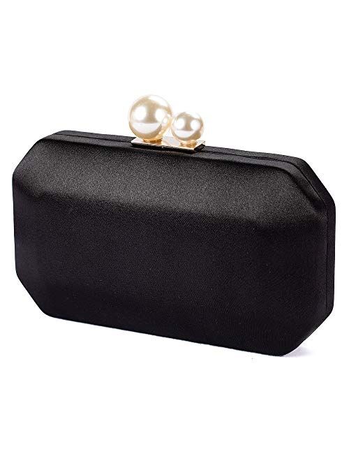 Women Satin Clutch Purse Handbags/Crossbody Hardcase Evening Bag with Pearls Closure for Party