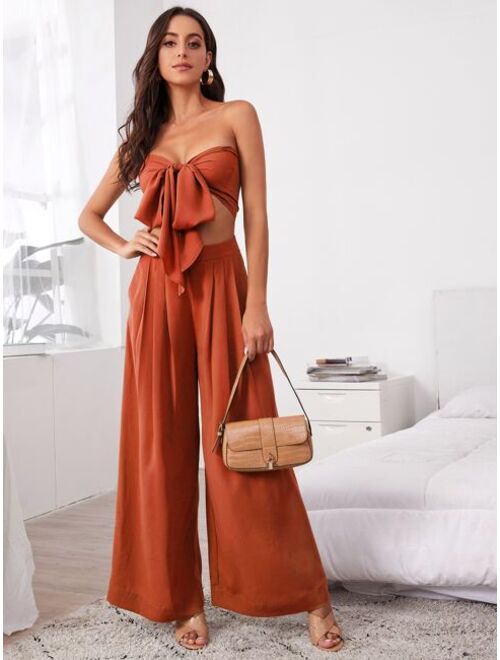 SHEIN Tie Front Tube Top & Pleated Wide Leg Pants Set