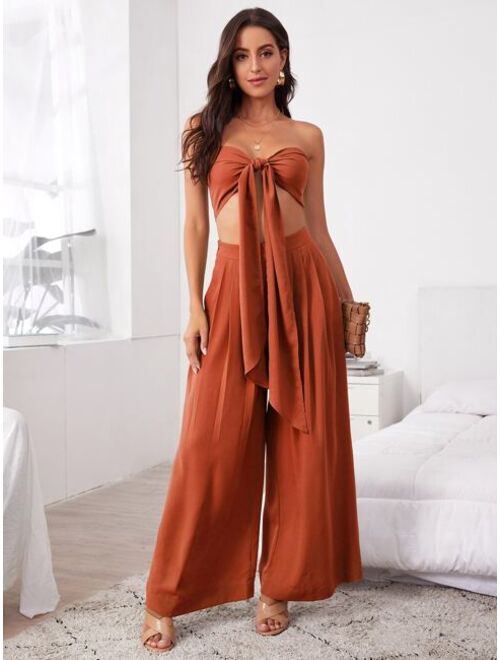 SHEIN Tie Front Tube Top & Pleated Wide Leg Pants Set