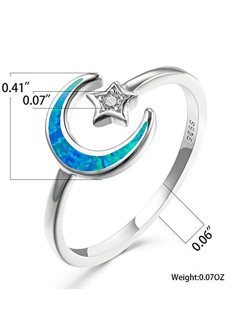 Angol Opal Moon Star Ring for Women Girls Sterling Silver Adjustable Crescent Moon Ring 5A+ Cubic Zirconia Statement Hypoallergenic Finger Ring Mothers Day Gift with Box