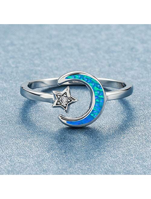 Angol Opal Moon Star Ring for Women Girls Sterling Silver Adjustable Crescent Moon Ring 5A+ Cubic Zirconia Statement Hypoallergenic Finger Ring Mothers Day Gift with Box