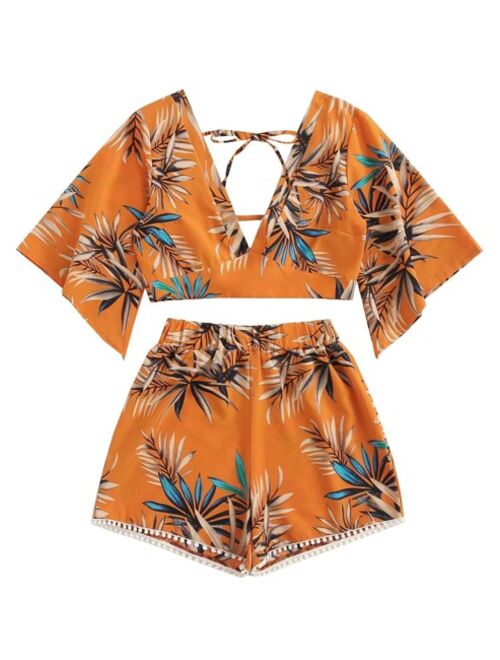 Shein Tropical Plunging Crop Top & Pom Pom Shorts Set