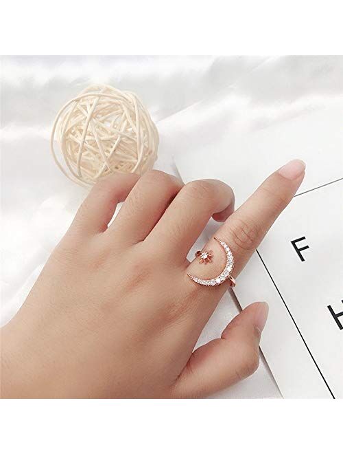 FUTIMELY Moon Crescent Star Ring for Women Teen Girls Adjustable Moon Sun CZ Statement Ring Dainty Crystal Crescent Finger Ring