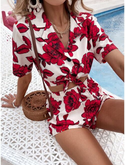 Shein Knot Hem Floral Print Blouse With Shorts