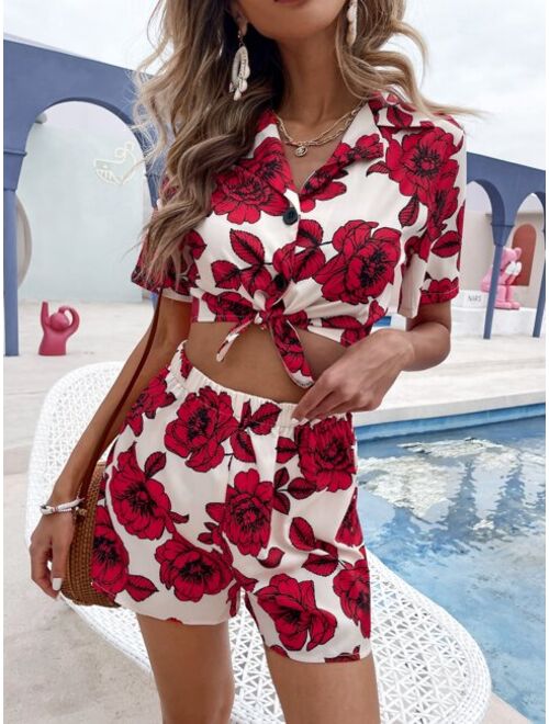 Shein Knot Hem Floral Print Blouse With Shorts
