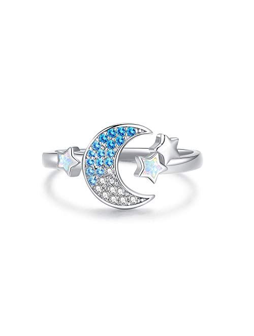 Moon Ring 925 Sterling Silver Star Crescent Moon Open Ring CZ Opal Adjustable Rings Crescent Jewelry Gifts for Women Girls