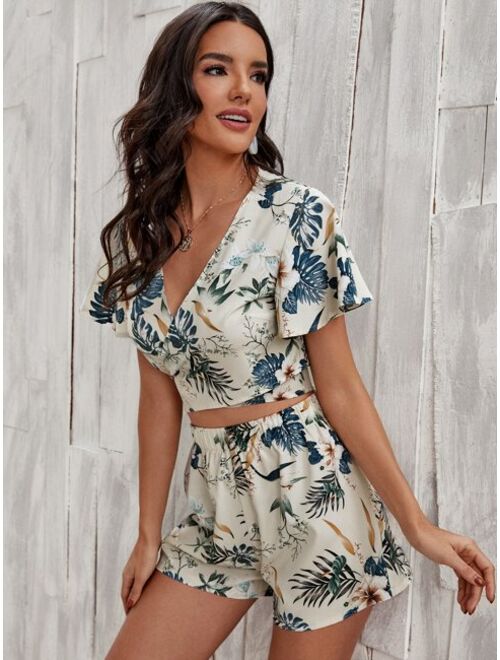 Shein Floral And Tropical Print Crop Wrap Top With Shorts